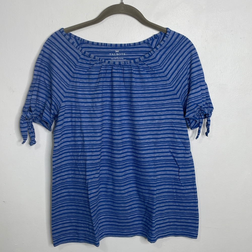 Talbots Womens Blue Striped Cotton Topโ Short Sleeve Tie Cuff Boat Neck Small